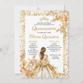Radiant Bloom Floral Princess Gold Quinceanera Inv Einladung