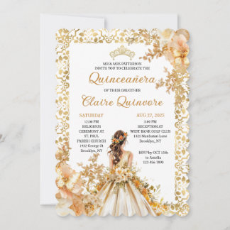 Radiant Bloom Floral Prinzessin Gold Quinceanera E Einladung