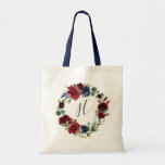 Radiant Bloom Monogram Tragetasche<br><div class="desc">Diese personalisierten Tasche sind so konzipiert,  dass sie zu unserer Radiant Bloom Kollektion passen,  und machen wunderschöne Geschenke für Ihre Brautmädchen. Personalisieren Sie sich mit einem Single Initial Monogramm in eleganter handgeschriebener Schrift,  umgeben von einem Kranz von Aquarellfarben-Blume in reichen Marinetönen und Bordeaux.</div>