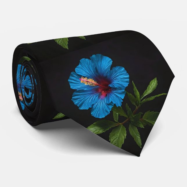 "Radiant Blue: Hibiskus Blume auf schwarz Krawatte (Gerollt)