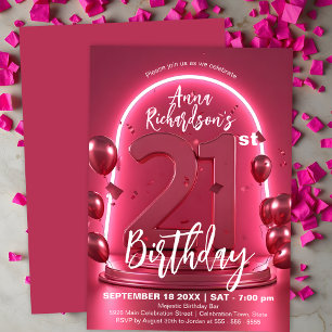 Radiant Chic Neon Pink 21. Geburtstag mit Balloons Einladung