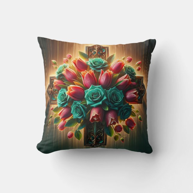 "Radiant Christlich Cross Florals with Raindrops" Kissen (Vorderseite)