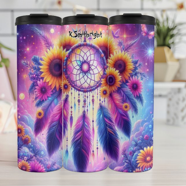 Radiant Dreamcatcher mit Sonnenblumen und Federn Thermosbecher (Von Creator hochgeladen)