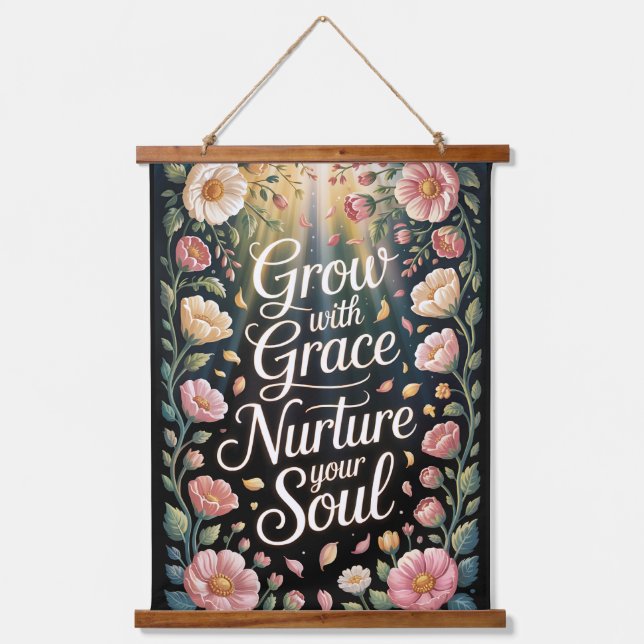 Radiant floral Burst wächst mit Grace Quote Wandteppich Mit Holzrahmen (Vorderseite)