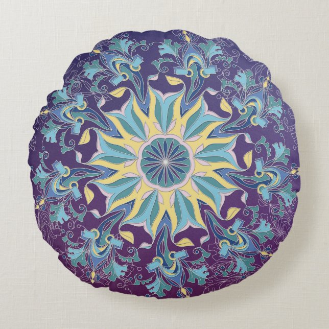 Radiant Floral Mandala Round Throw Kissen (Vorderseite)