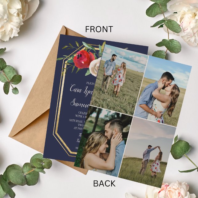 Radiant Floral Navy Blue Burgundy Foto Wedding Einladung (Von Creator hochgeladen)
