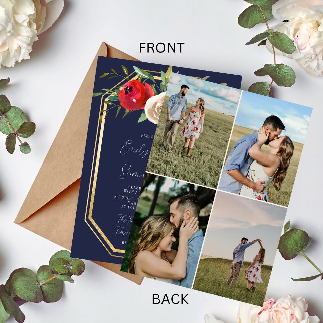 Radiant Floral Navy Blue Burgundy Foto Wedding Einladung (Von Creator hochgeladen)