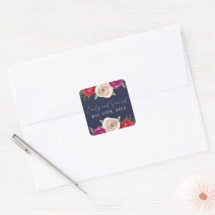 Radiant Floral Navy Blue Burgundy Red Wedding Quadratischer Aufkleber