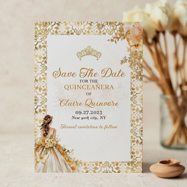 Radiant Gold Floral Quinceanera Ankündigung (Von Creator hochgeladen)