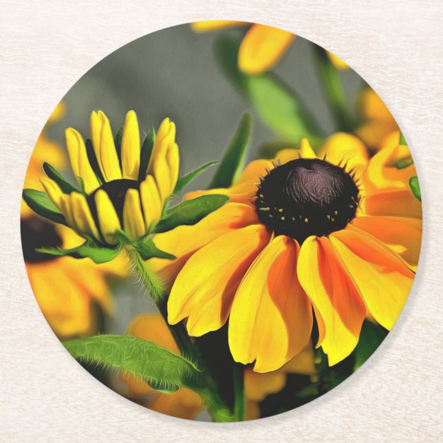 Radiant Golden Black Mit Augen Susan Rudbeckias Runder Pappuntersetzer (Vorderseite)