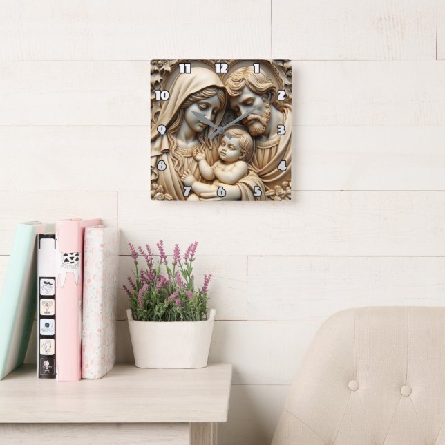 Radiant Golden Holy Family Relief Quadratische Wanduhr (Lesesaal)