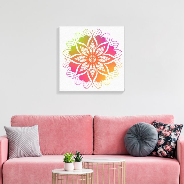 Radiant Harmony: Boho Orange und Pink Mandala Leinwanddruck (Insitu (Wohnzimmer))