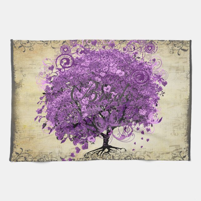Radiant Lila Heart Leaf Tree Wedding Handtuch (Horizontal)