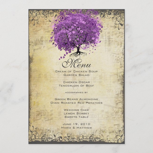 Radiant Lila Heart Leaf Tree Wedding Menükarte (Vorderseite)