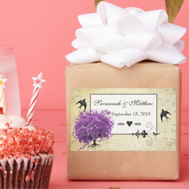 Radiant Lila Heart Leaf Tree Wedding Rechteckiger Aufkleber (Party)