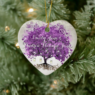 Radiant Lila Romantic Heart Leaf Wedding Keramik Ornament