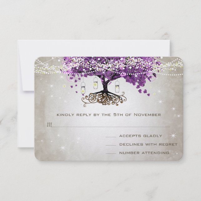 Radiant Lila Romantic Heart Leaf Wedding RSVP Karte (Vorderseite)