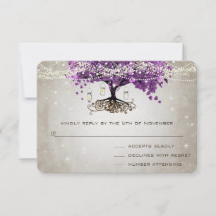 Radiant Lila Romantic Heart Leaf Wedding RSVP Karte