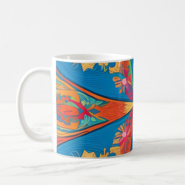 Radiant Mandala: Eine lebendige symmetrische Fanta Kaffeetasse (Links)