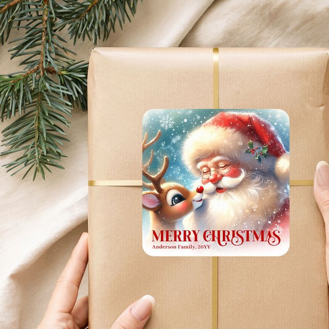 Radiant Personalized Santa and Rudolph Holiday   Quadratischer Aufkleber (Radiant Personalized Santa and Rudolph Holiday Sticker)