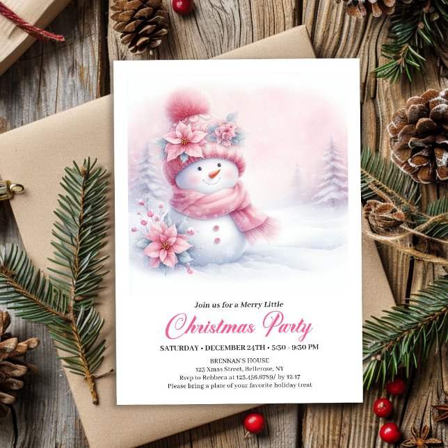 Radiant Pink Snowman Digital Kids Christmas Party  Einladung (Radiant Pink Snowman Digital Kids Christmas Party Invite)