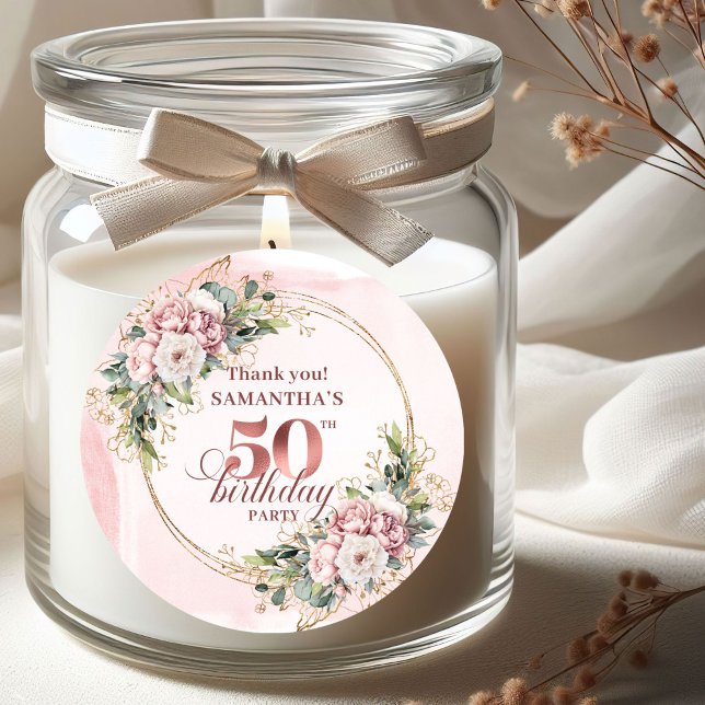 Radiant Rose Gold Greenery 50th Birthday Thank You Runder Aufkleber (Radiant Rose Gold Greenery 50th Birthday Thank You Stickers

)