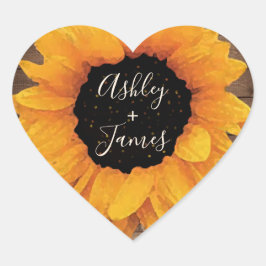 Radiant Sunflower Rustic Wedding Names Monogram Herz-Aufkleber