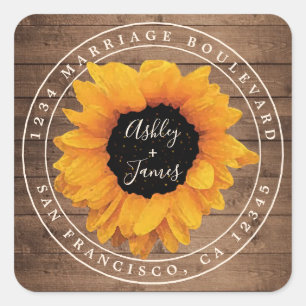 Radiant Sunflower Rustic Wedding Rücksendeadresse Quadratischer Aufkleber