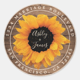 Radiant Sunflower Rustic Wedding Rücksendeadresse Runder Aufkleber