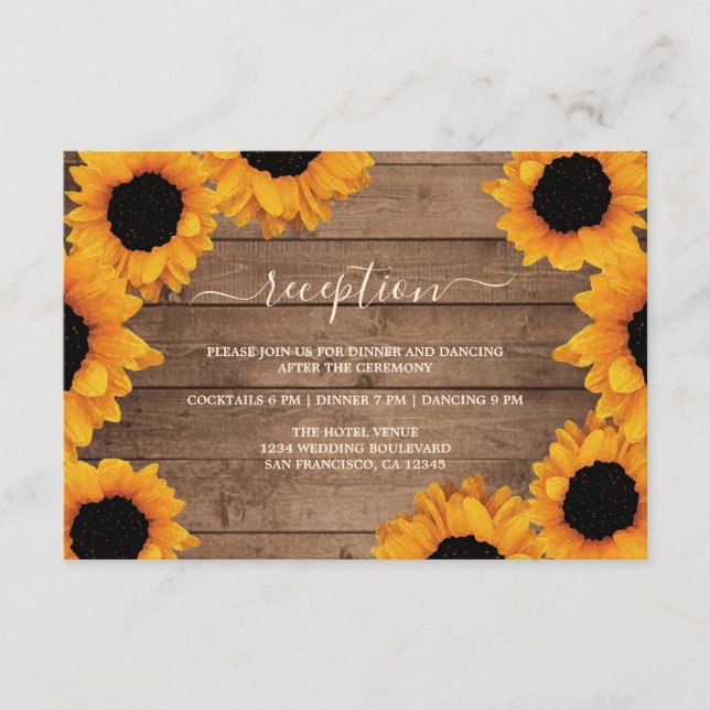 Radiant Sunflower Rustic Wood Wedding Empfang Begleitkarte (Vorderseite)