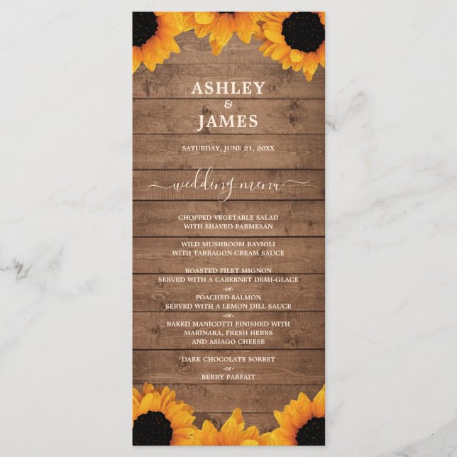 Radiant Sunflower Rustic Wood Wedding Menükarte (Vorderseite)