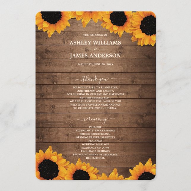 Radiant Sunflower Rustic Wood Wedding Programm (Vorderseite)