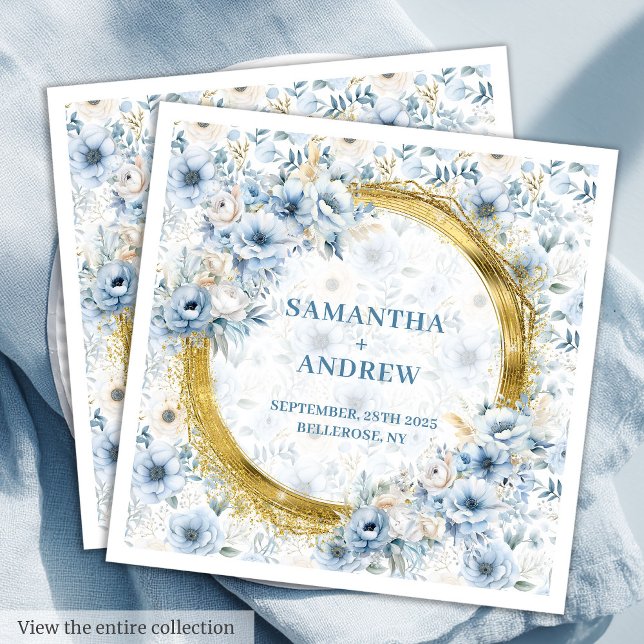 Radiant Watercolor Pastel Blue Gold Wedkin Napkin Serviette (Elegant Watercolor Dusty Blue Gold Wedding Napkins)