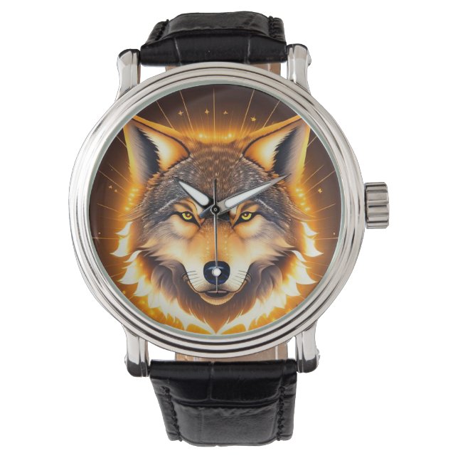 Radiant Wolf Face beleuchtet durch goldenes Licht Armbanduhr (Vorderseite)