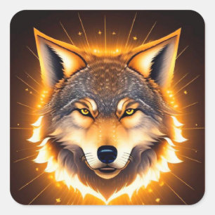 Radiant Wolf Face beleuchtet durch goldenes Licht Quadratischer Aufkleber
