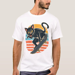 Radikaler Skater Schwarze Katze fängt Luft Retro-S T-Shirt