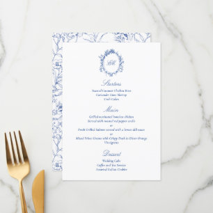 Raffinierte botanische blaue Chinoiserie-Hochzeit Menükarte