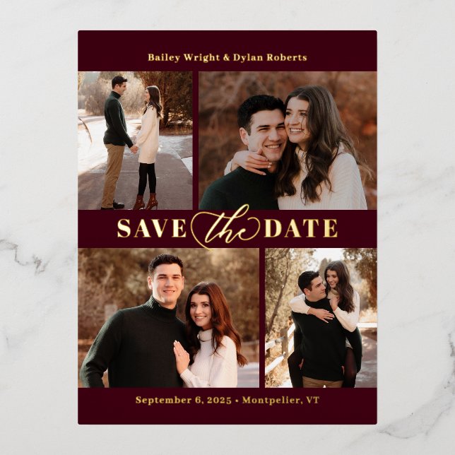 Raffinierte Collage FOIL Save the Date Postkarte (Vorderseite)