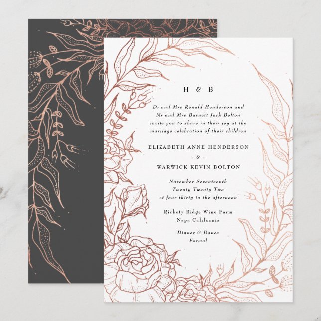 Raffinierte Schwarze Elegance Rose Gold Monogram W Einladung (Vorne/Hinten)