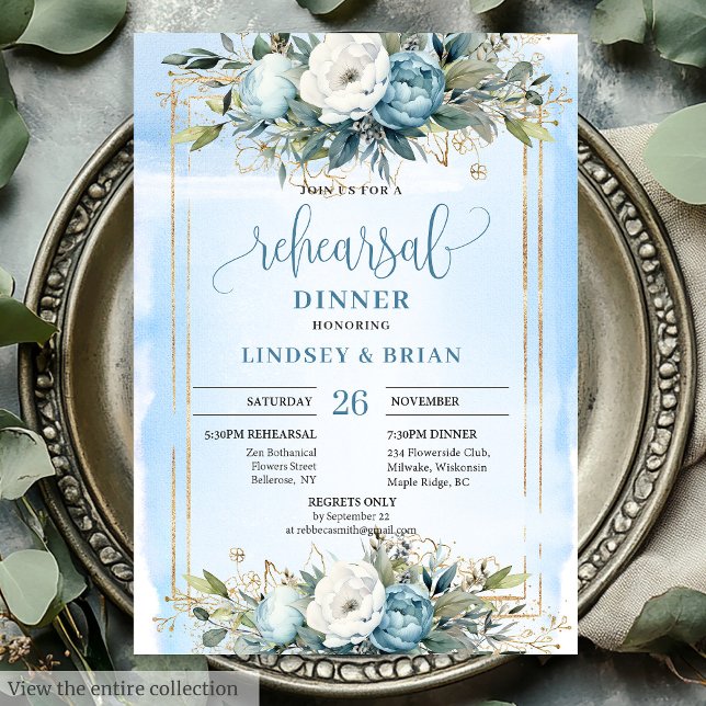 Raffinierte staubblaue Goldrahmen-Einladung zum Ab Einladung (Sophisticated Dusty Blue Gold Frame Dinner Invite)