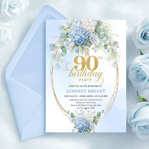 Raffiniertes Boho Blau Florales Gold 90. Geburtsta Einladung