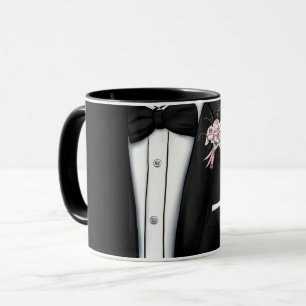 Raffiniertes Bräutigam-Smoking mit Pfingstrosen-Bo Tasse