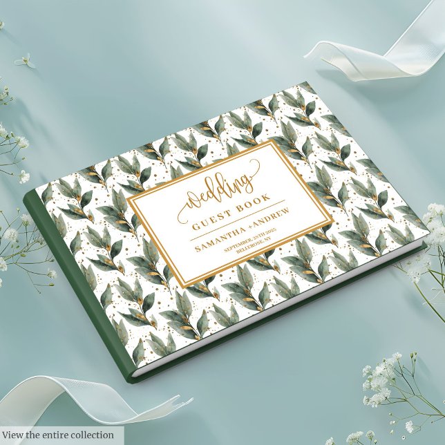 Raffiniertes Waldgrün verlasst Goldhochzeitswünsch Gästebuch (Refined forest green leaves gold wedding wishes guest book)