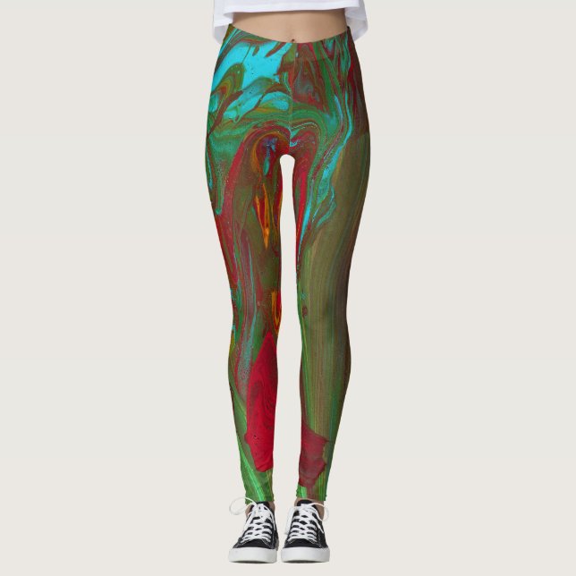 Rag To Riches 1 Bold Red Green Abstract Leggings (Vorderseite)