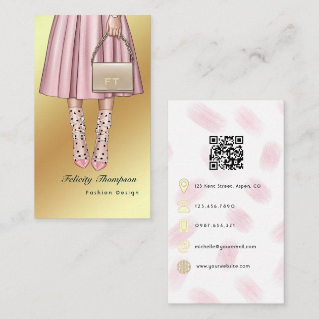 Rag Trade QR Code für rosa und goldene Mode Visitenkarte (Vorne/Hinten)
