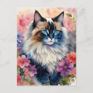 Ragdoll Cat Floral Portrait Art Postkarte