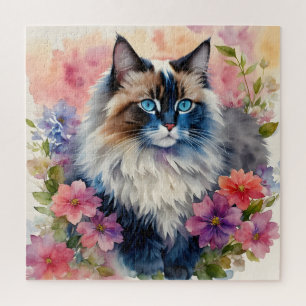 Ragdoll Cat Floral Portrait Art Puzzle
