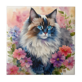 Ragdoll Cat Floral Portrait Fliese