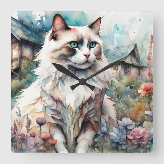 Ragdoll Cat in English Garden Quadratische Wanduhr (Vorderseite)
