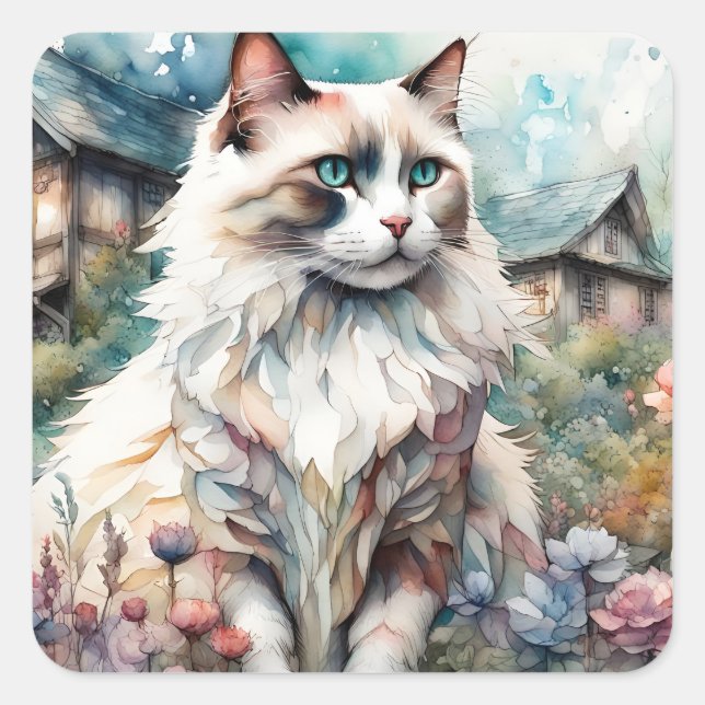 Ragdoll Cat in English Garden Quadratischer Aufkleber (Vorderseite)